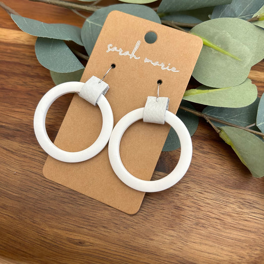 Hoop dangle - white (clay and leather)