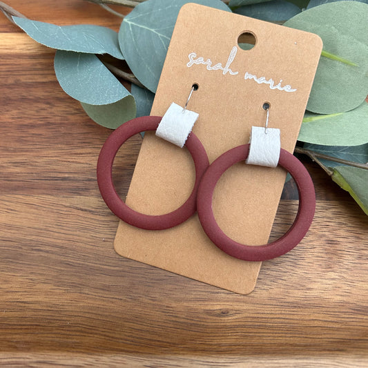 Hoop dangle - maroon (clay and leather)