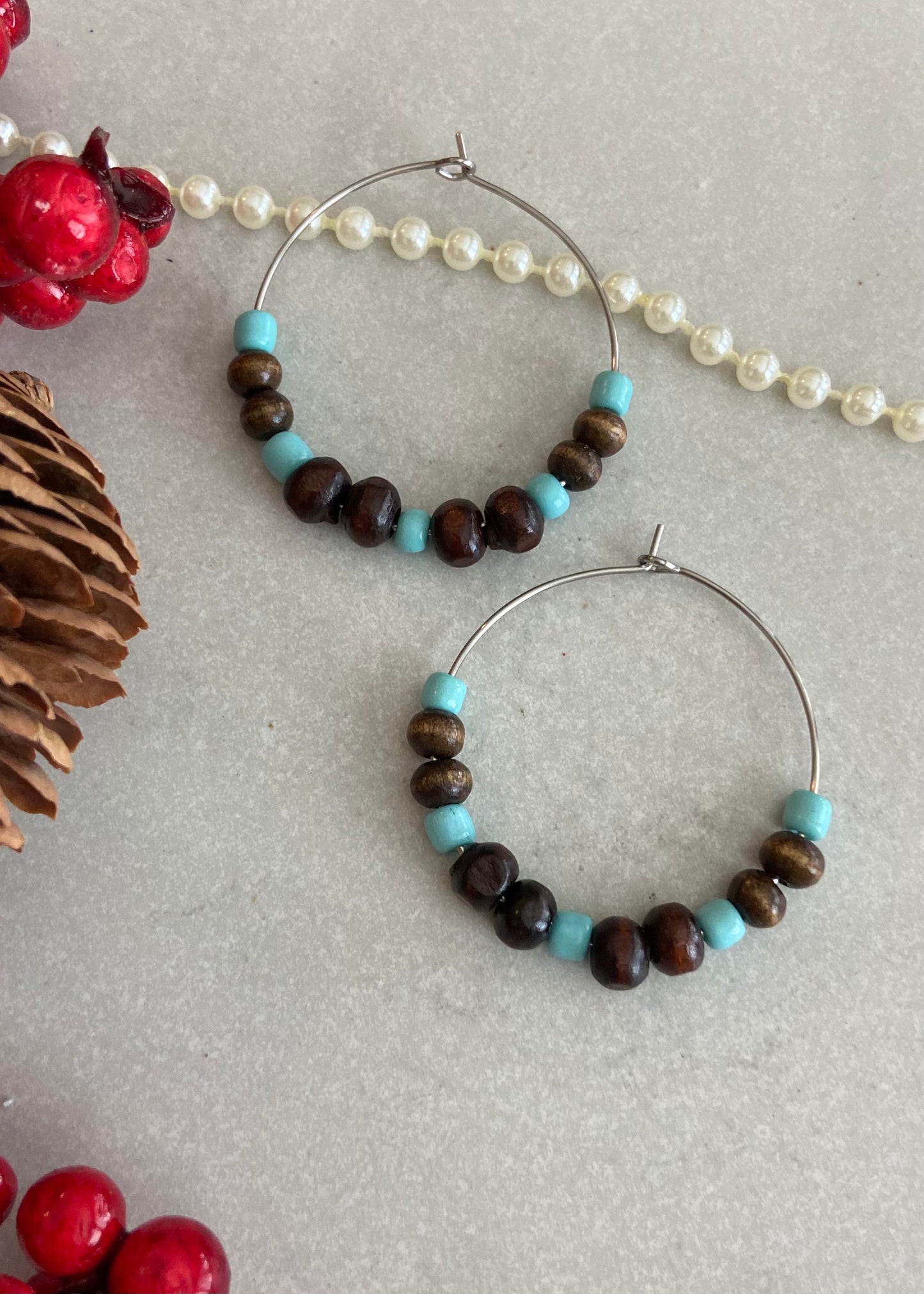 Beaded hoop earrings - brown and turquoise