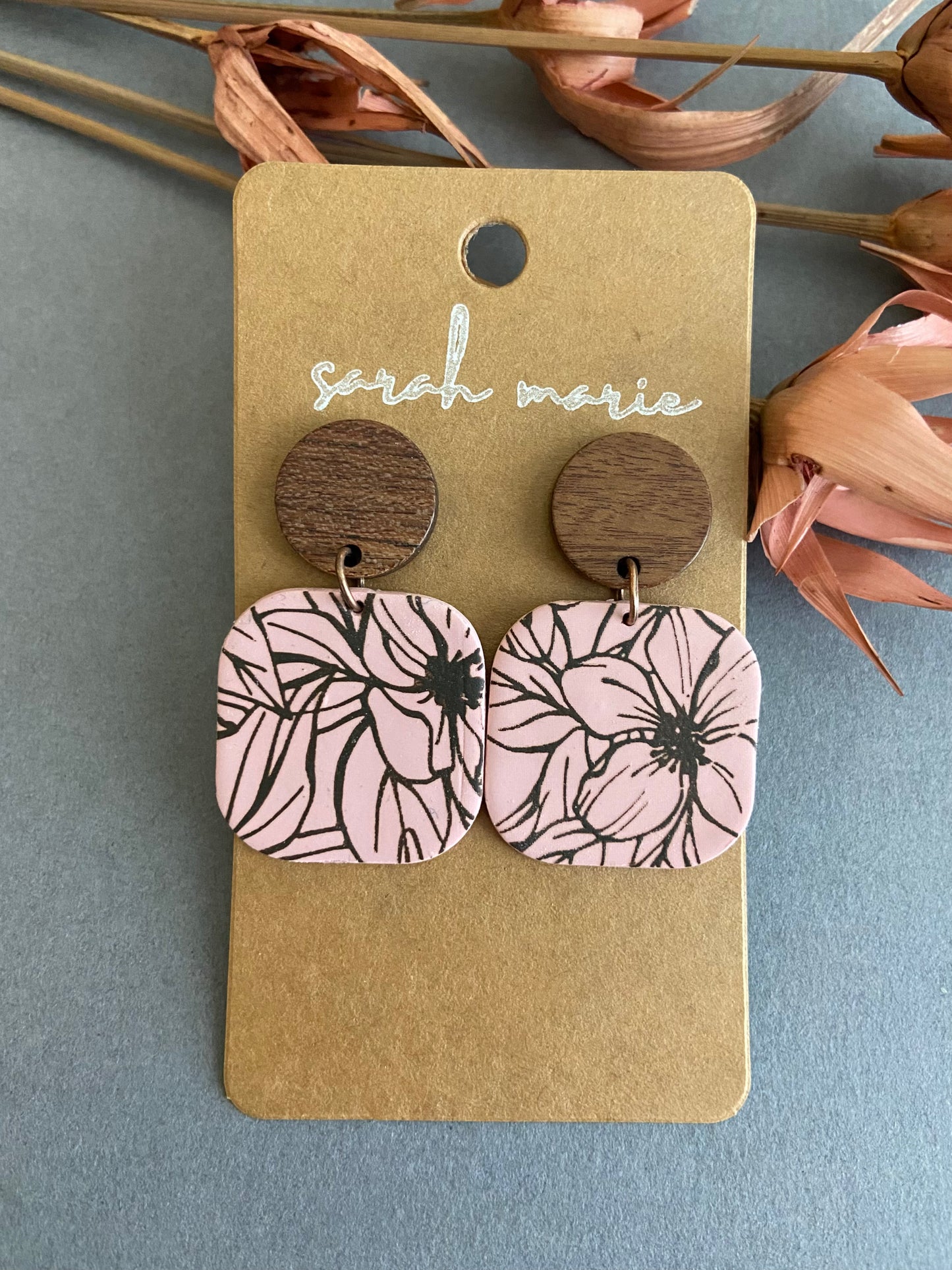 Pink and brown floral - round wood drop