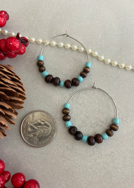 Beaded hoop earrings - brown and turquoise