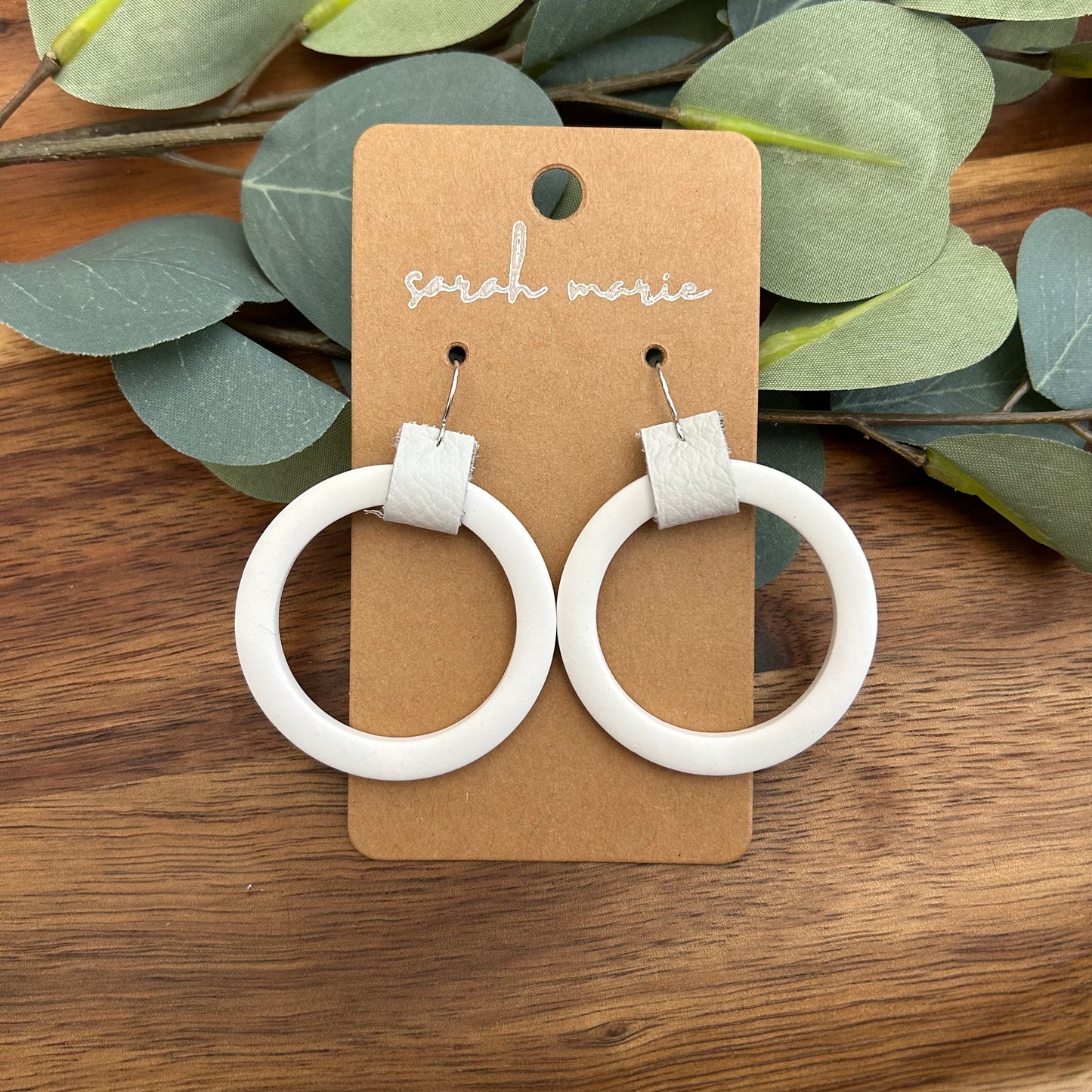 Hoop dangle - white (clay and leather)