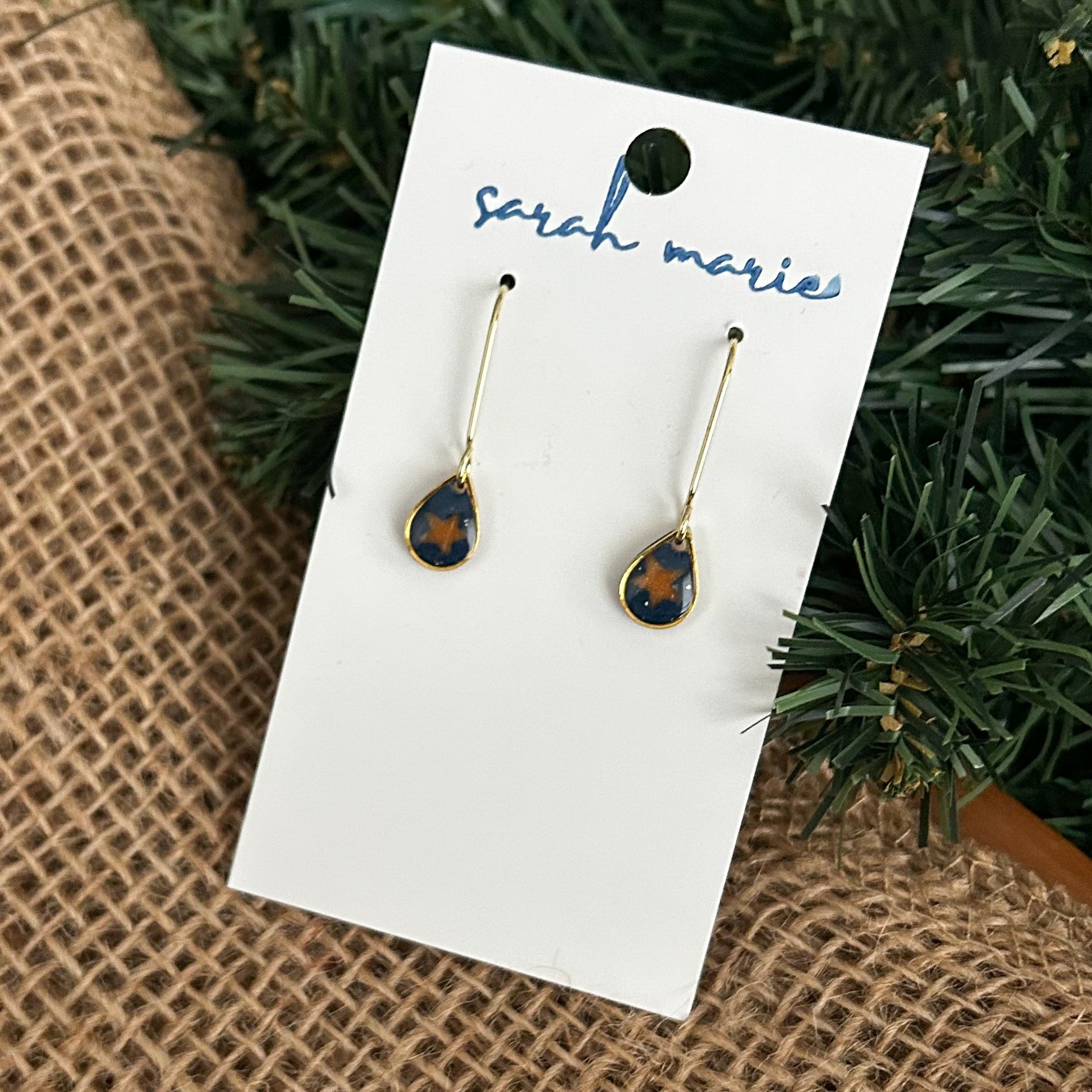 very small teardrop shaped dangle earrings - navy blue earrings with gold stars