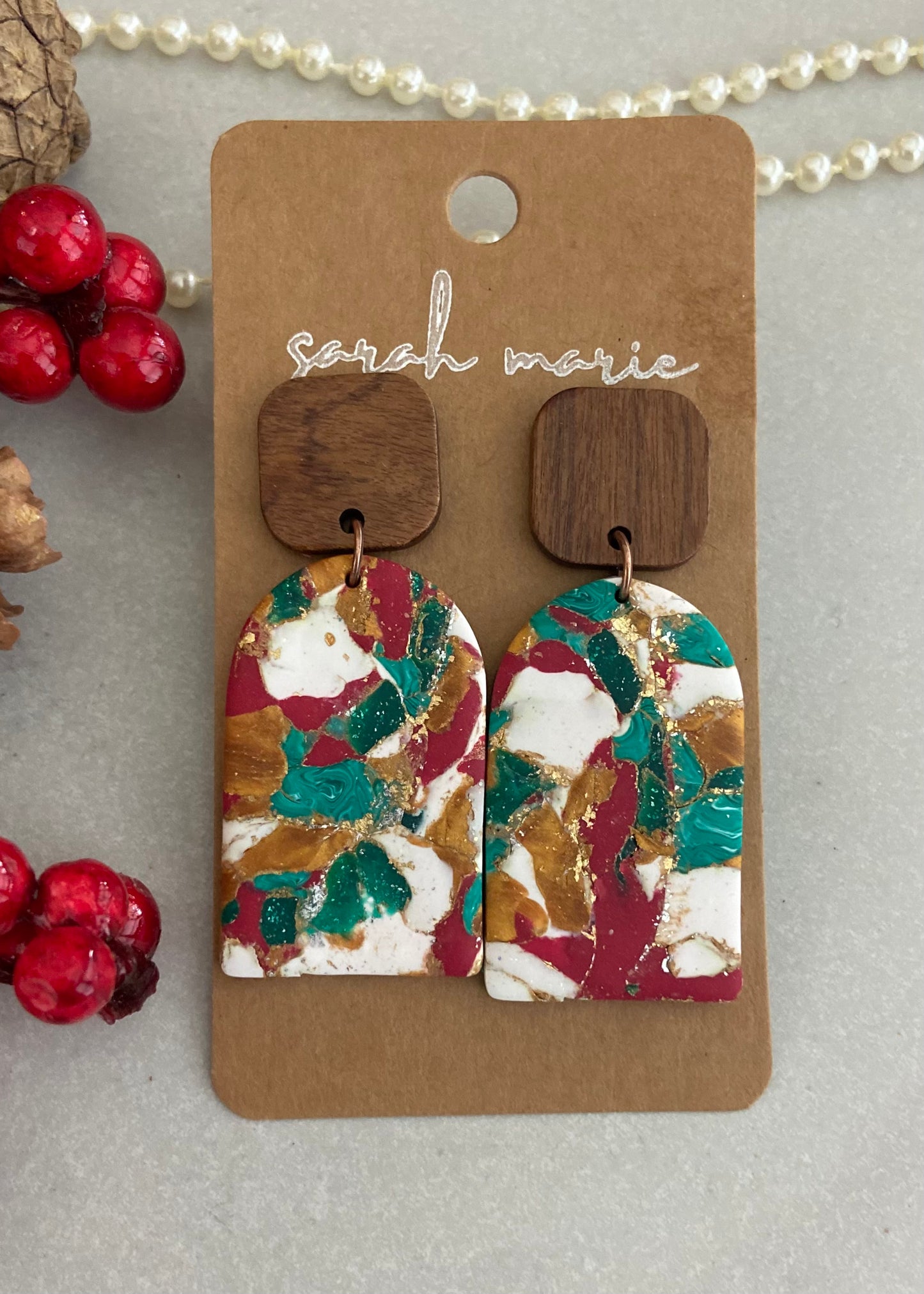 Red, green, white and gold large drop earrings