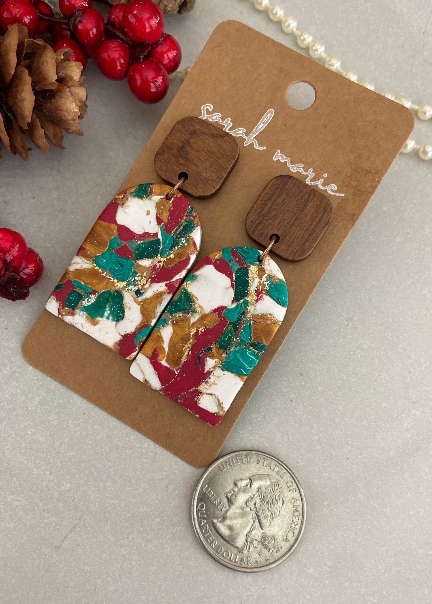 Red, green, white and gold large drop earrings